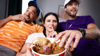 Raj enjoys TBabe Bailey's chicken at game night